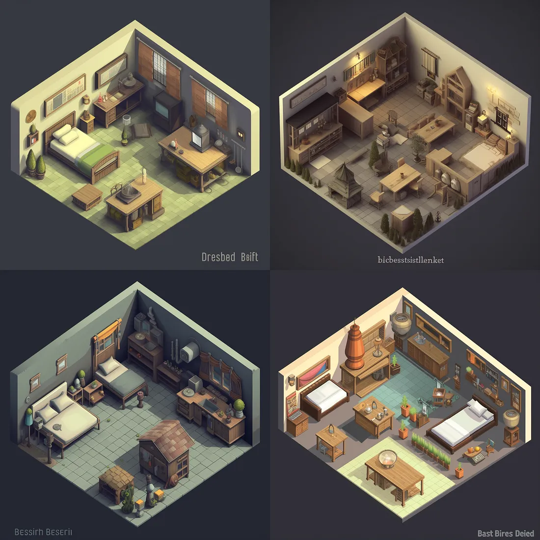 Four AI-generated isometric view of bedrooms in a fantasy game style
